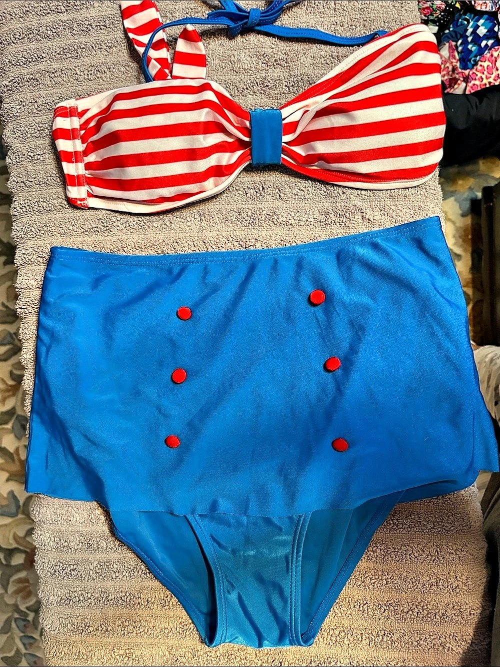 Cupshe Red and White Stripe Buttoned Bikini Blue & Red